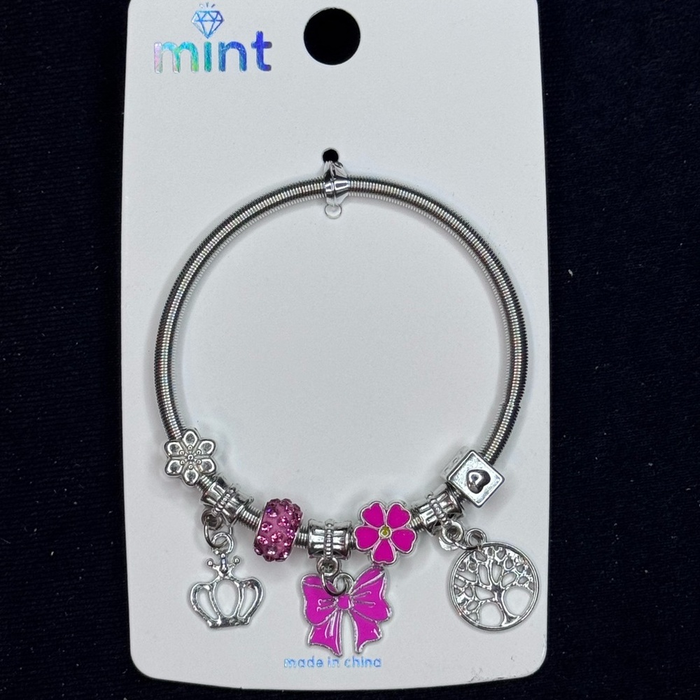 Mint Silver Tone Sparkling Charm Stretch Bracelet Pink Bow